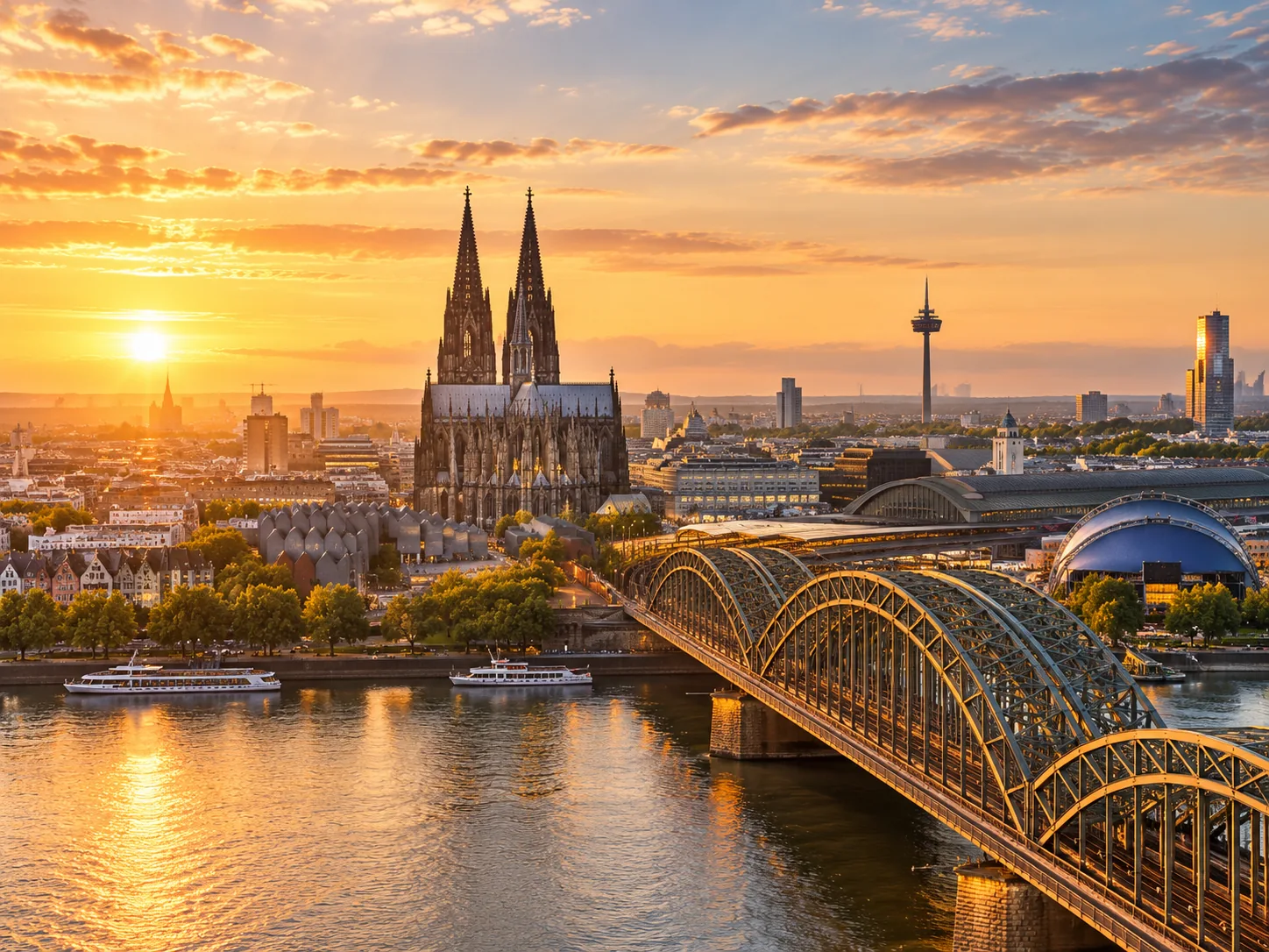 Kölner Skyline mit Kölner Dom und Hohenzollernbrücke im goldenen Abendlicht